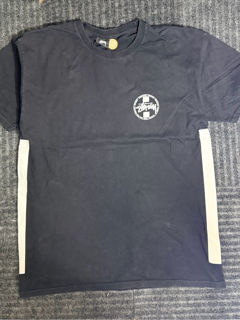 Stussy Black T-Shirt with White Side Stripes and Chest Logo